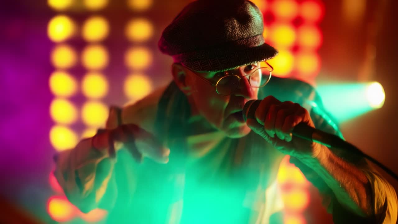 Captivating Performance: An Elderly Musician Engaged in a Dynamic Stage Act with Colorful Lights, Expressive Gestures, and a Powerful Vocal Delivery in an Electrifying Atmosphere