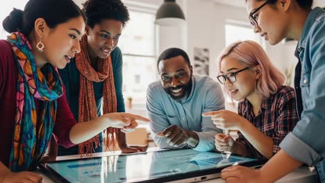 a collaborative group engaging with digital technology: team members analyze a touchscreen interface during a creative brainstorming session