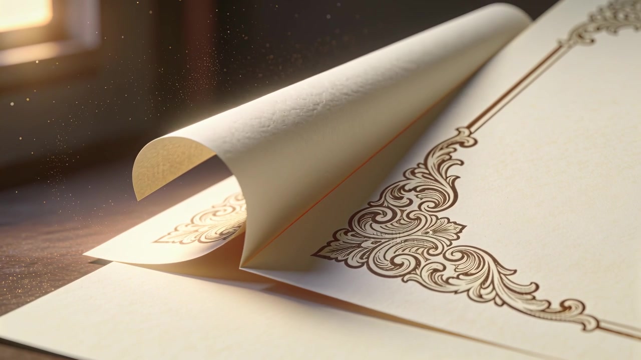 Curling cream paper sheet lifting from left corner on wood table, warm light revealing brown border