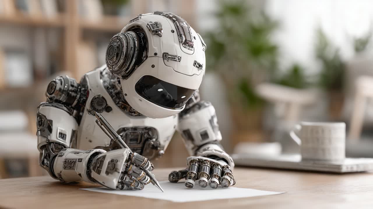 En futuristisk robot som skriver på papir, med intrikate mekaniske funksjoner og en moderne interiørbakgrunn, illustrerer fusjonen mellom kreativitet og teknologi.