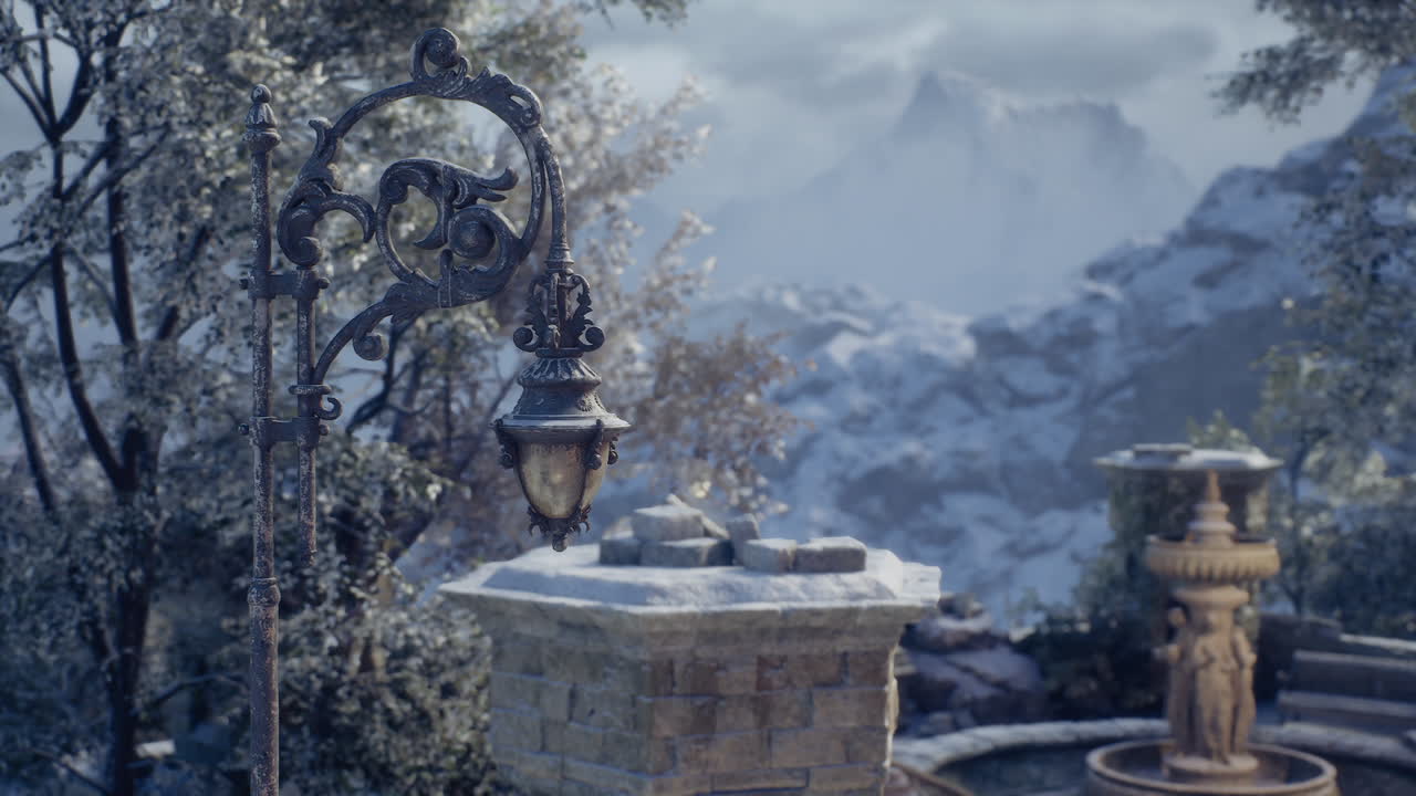Elegant lantern stands amidst winter landscape with snow covered trees
