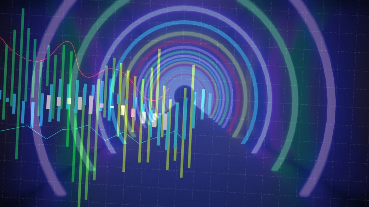 Abstract data visualization animating over grid showing multicolor candlestick bars and neon rings