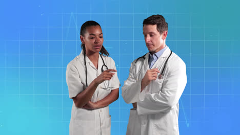 Animation-of-cardiograph-with-diverse-doctors-talking-on-blue-background