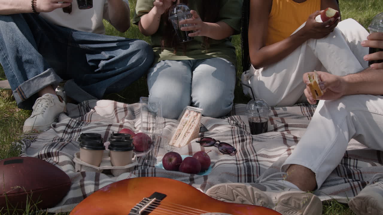 Friends enjoying a relaxed picnic in a park with food and music