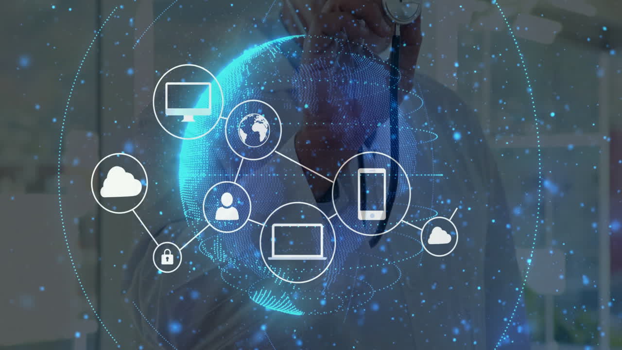 male doctor pointing at holographic globe in healthcare tech lab, displaying network security icons