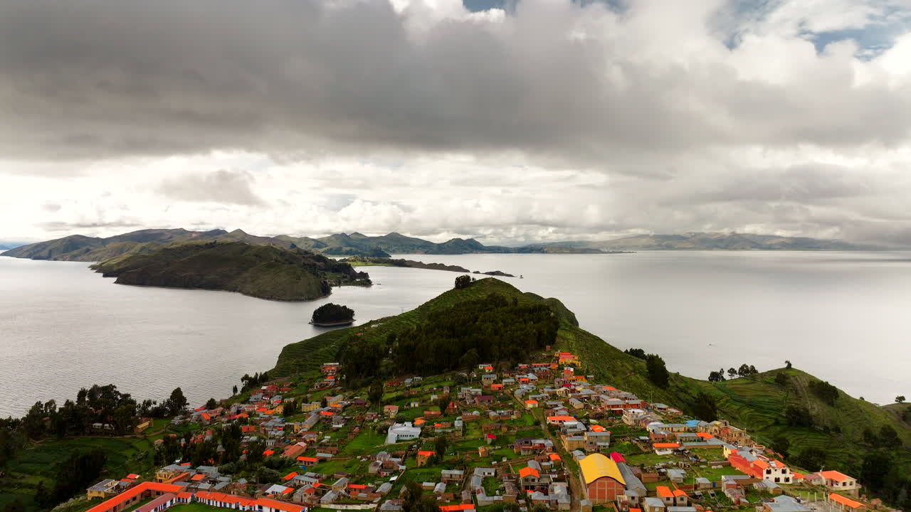 Famous Inca period Island of the Sun on Lake Titicaca with ancient ruins, aerial