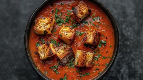 warm tomato soup with crispy croutons in a black bowl