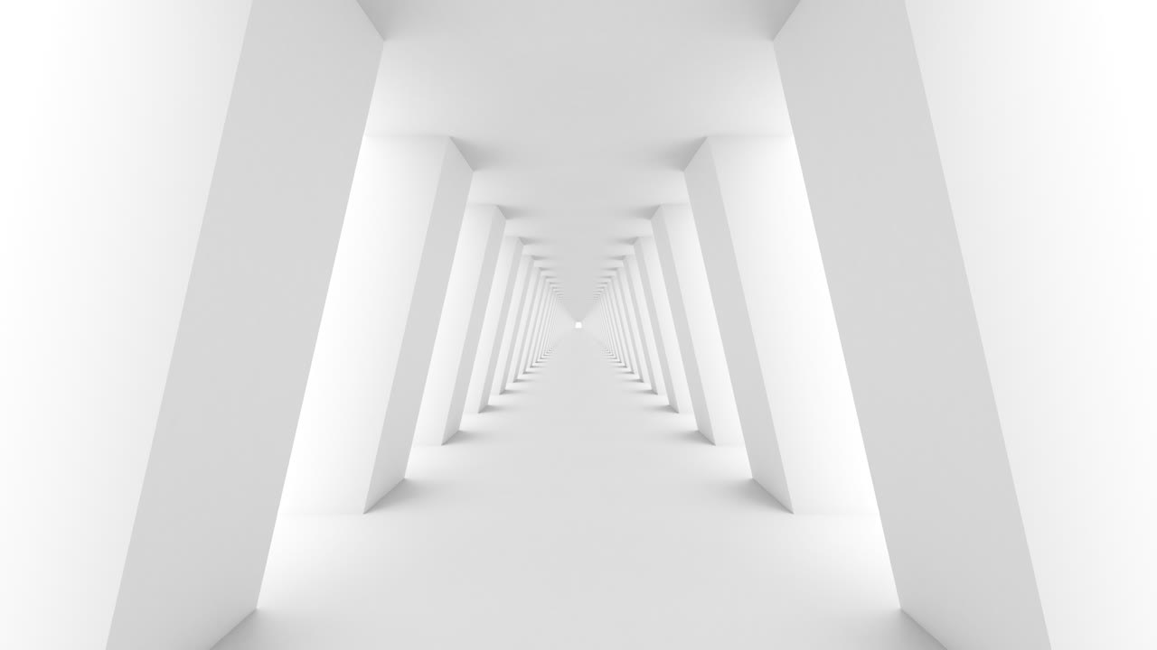 Futuristic empty white corridor with rectangular walls and bright light