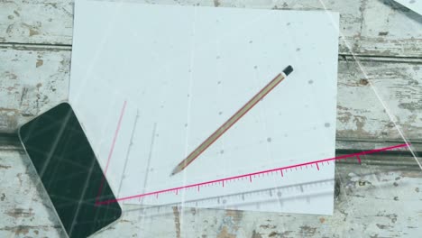 Animation of statistical data processing against smartphone, blank paper and pencil on wooden table