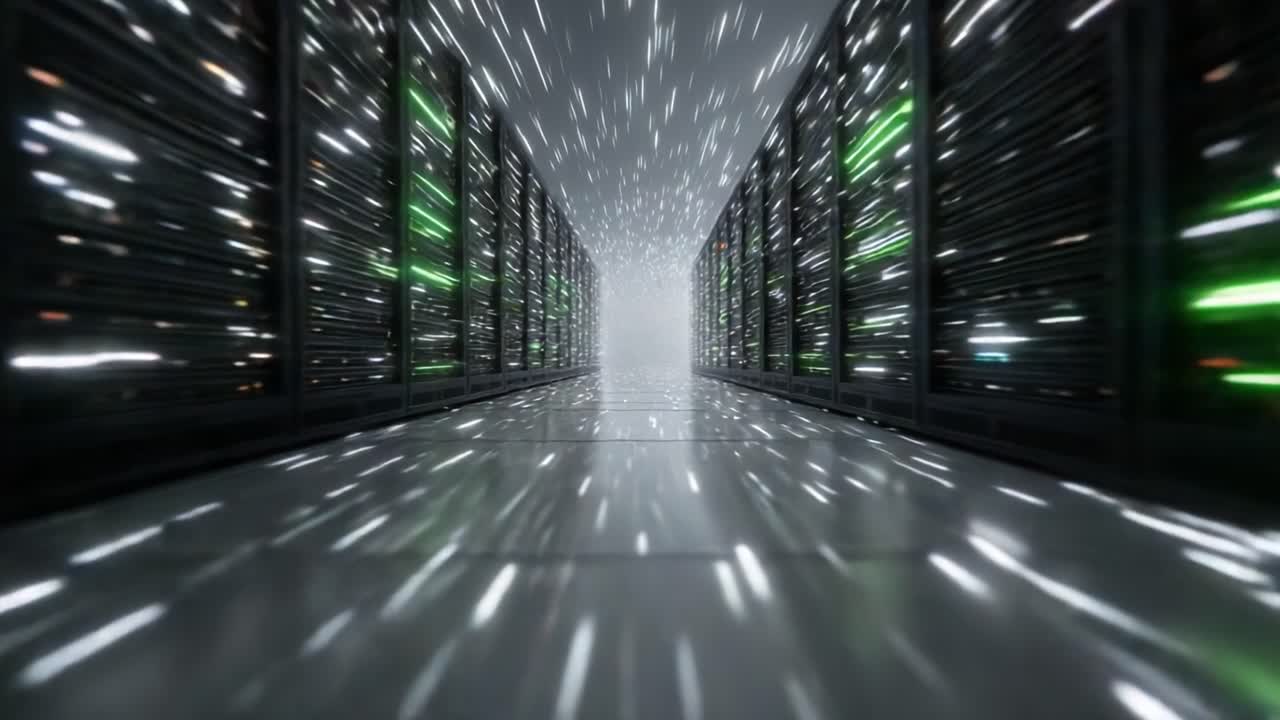 A Glimpse into the Heart of a Modern Data Center: The Rapid Flow of Information Through Rows of Servers Illuminated by Dynamic Lights