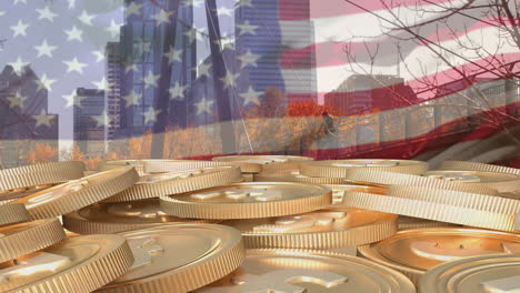 overlaying american flag on city skyline with golden coins in foreground