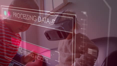 Animation of data processing on screen over child playing with vr headset