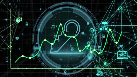 Animation-of-graphs,-cyber-security,-key-and-connections-on-black-background