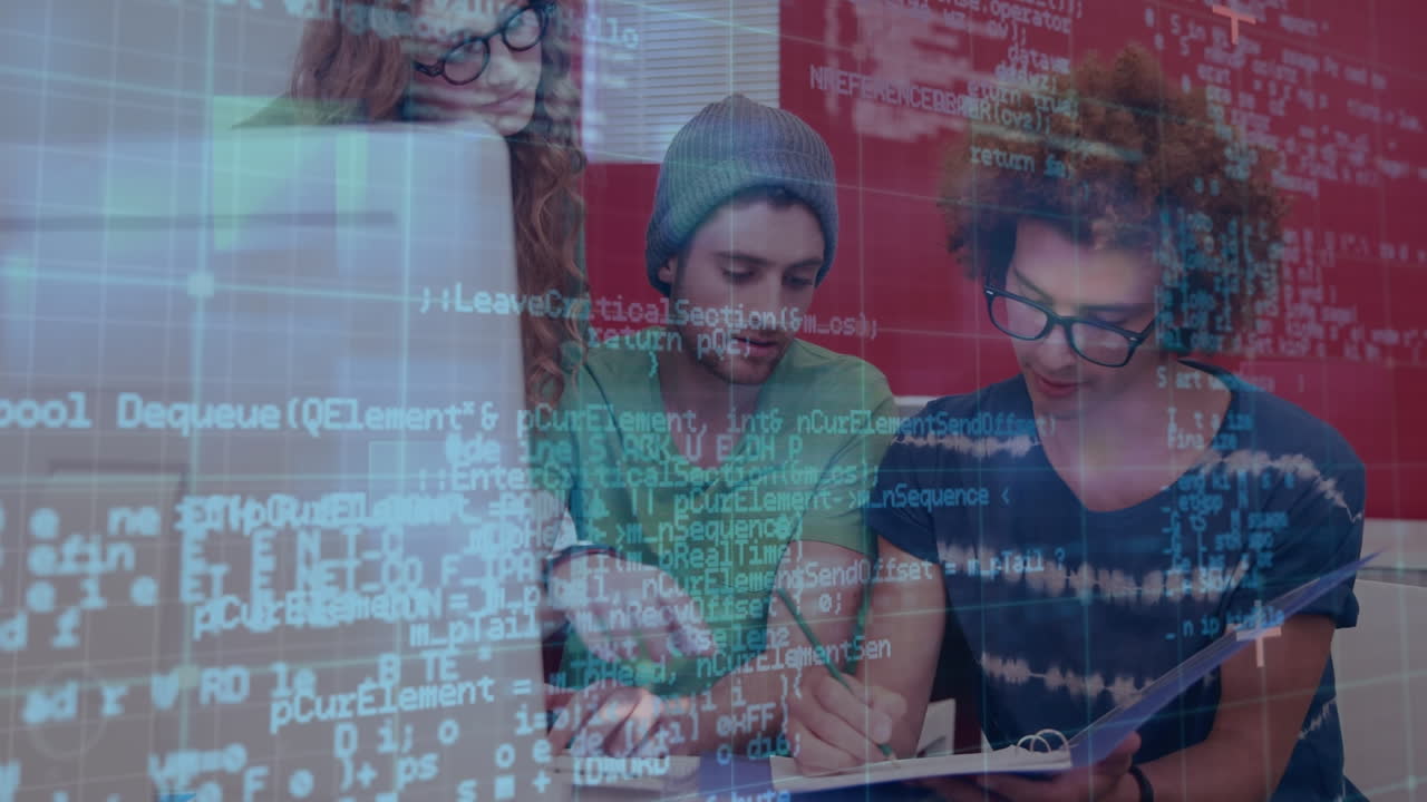 animación del procesamiento de datos en diversos estudiantes con computadoras portátiles