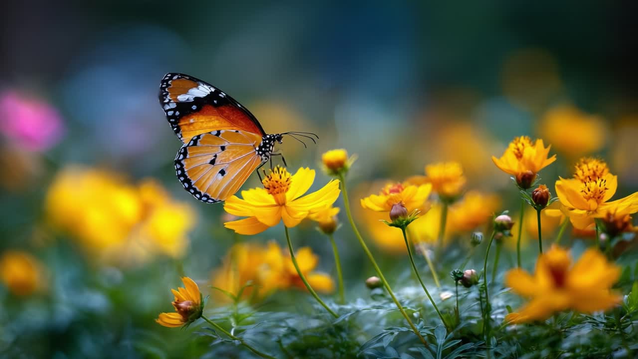 A Beautiful Monarch Butterfly Sipping Nectar from Vibrant Yellow Flowers in a Lush Garden Setting, Showcasing Nature's Colorful Splendor and Delicate Ecosystem Interactions