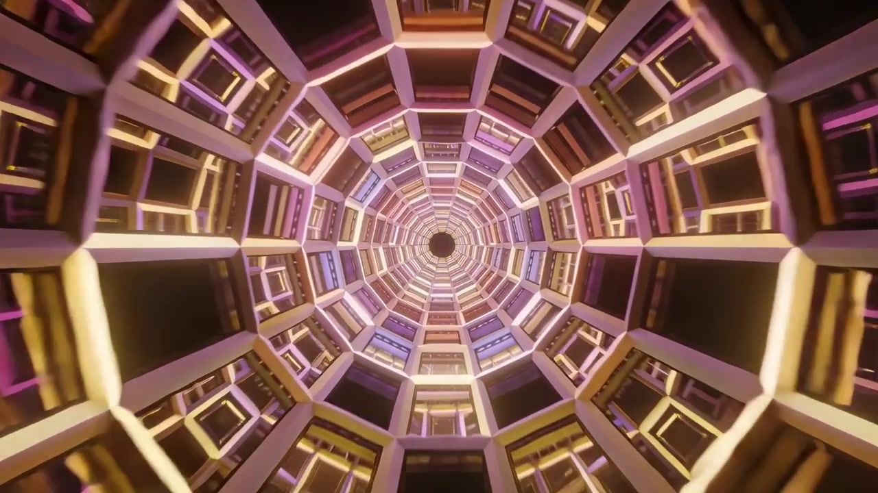 I fotogrammi cambiano, un tunnel ruota e zooma verso un'apertura scura in CGI, mostrando anelli e strisce LED.