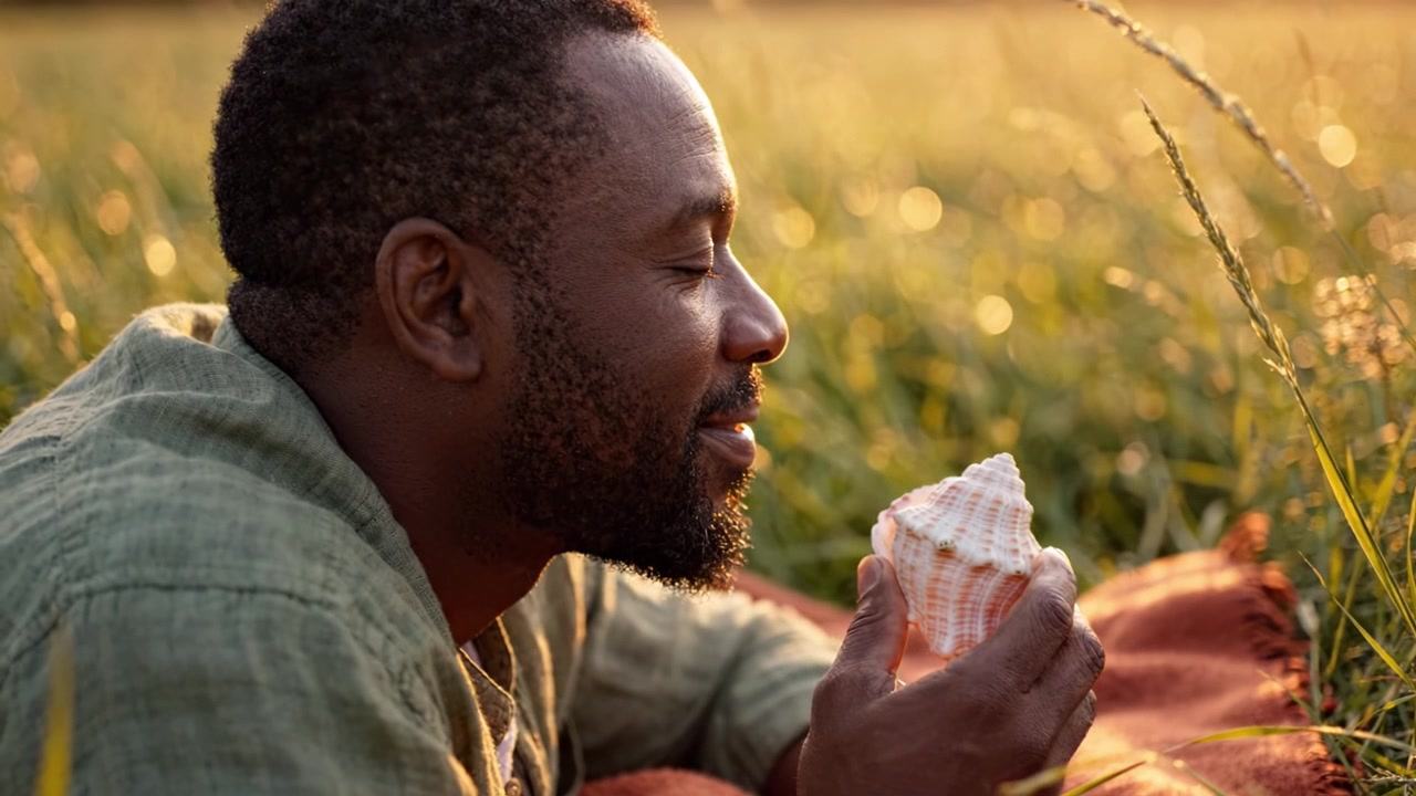 A Man Enjoying a Seashell in a Serene Field at Sunset, Capturing the Essence of Nature's Beauty and Tranquility in a Calm and Peaceful Moment.