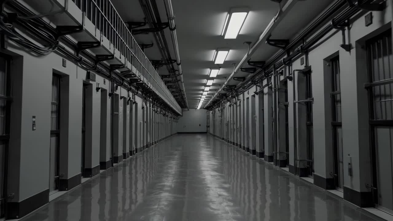 A video frame captures a symmetrical, low-angle view of a dimly lit prison corridor
