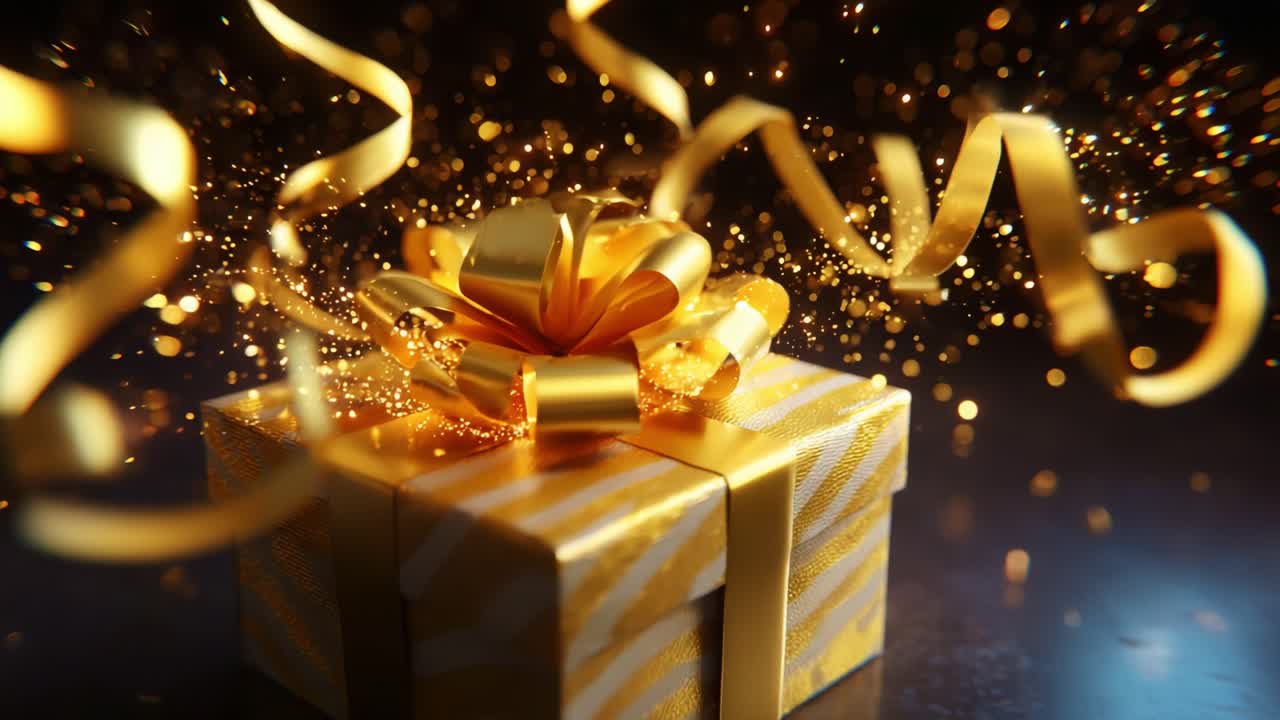 A Beautifully Wrapped Golden Present With A Festive Bow Surrounded By Shimmering Sparkles And Colorful Ribbons, Perfectly Capturing The Joy And Celebration Of Giving Gifts For Any Special Occasion