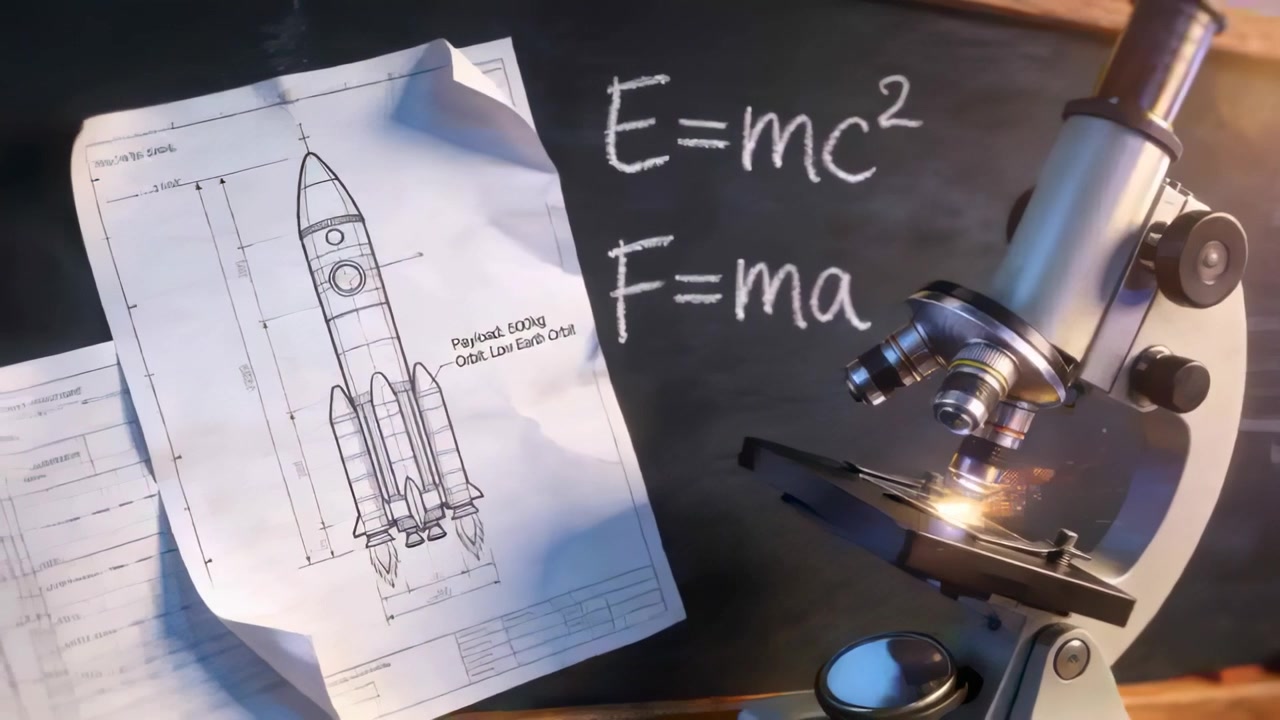 Sparking microscope emitting flare at stage in slide test in lab with rocket blueprint, copy space