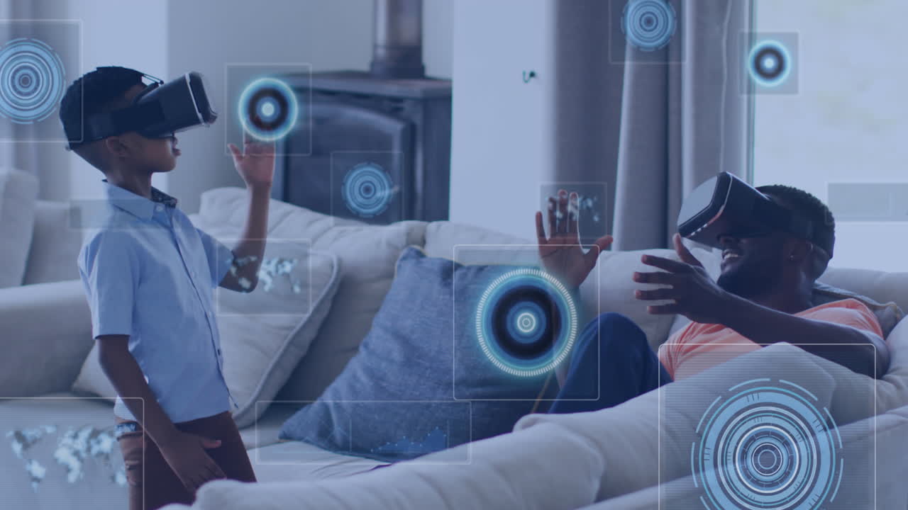 Animation of data processing over african american father and son wearing vr headset at home