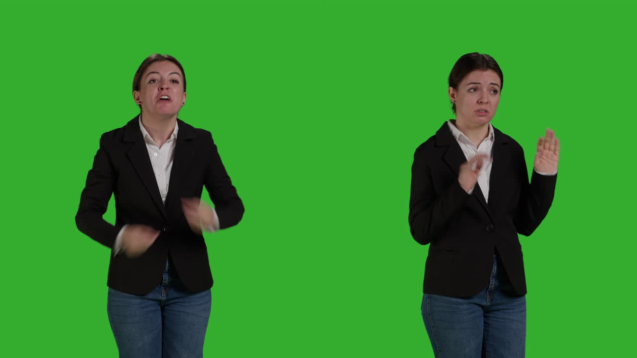 Businesswoman expressing negative emotions on green screen