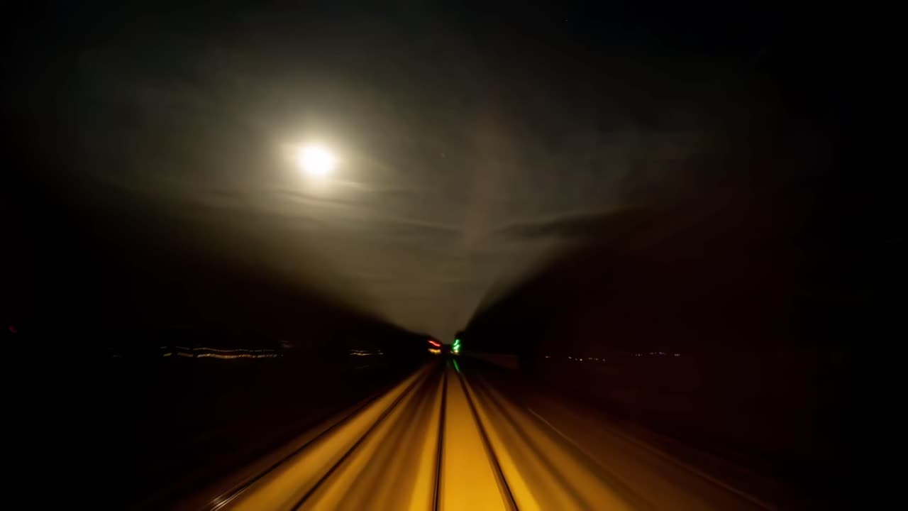 Nighttime time-lapse POV of a train speeding through Berlin, landscape, fast flashing lights motion, frontal driver view