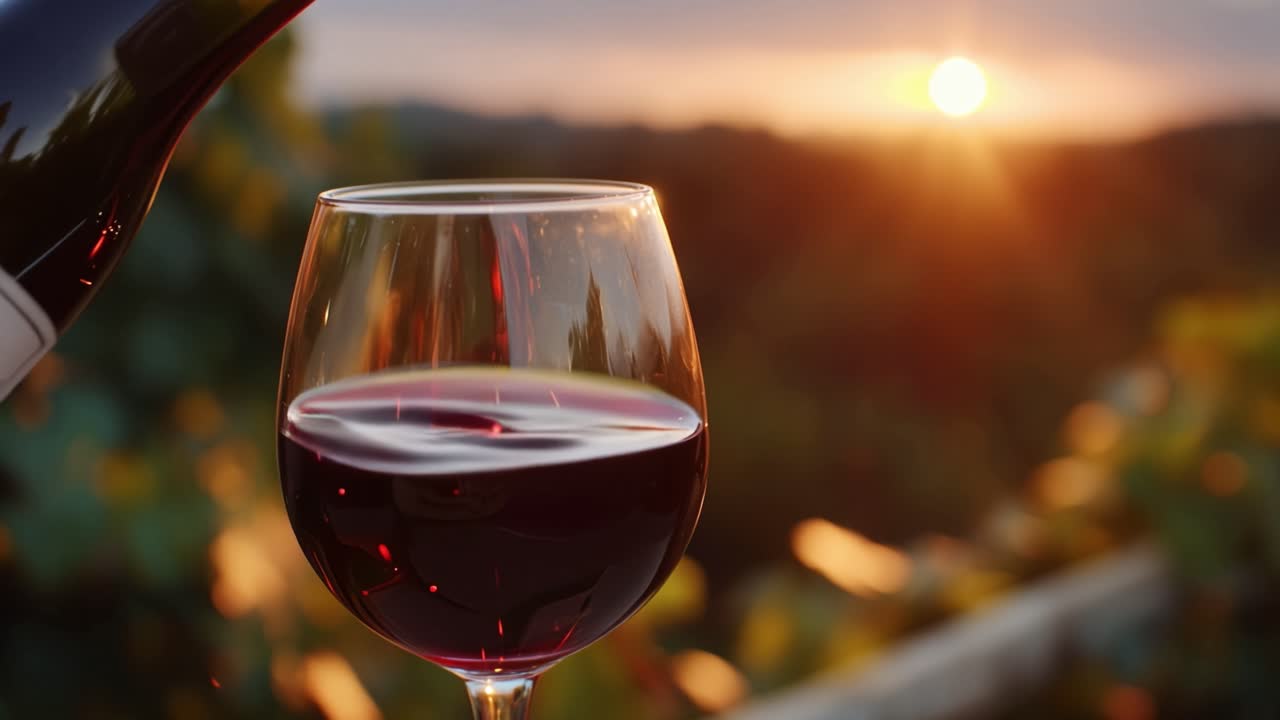 Der Sonnenuntergang taucht die Weinberghügel in warmes Licht. Rotwein fließt sanft in ein Glas. Die Flüssigkeit wirbelt und fängt goldenes Licht ein, während die Dämmerung hereinbricht. Ruhige, satte Farbtöne vermitteln Entspannung und Luxus.