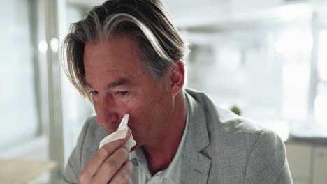 business man, sneeze and blowing nose in office