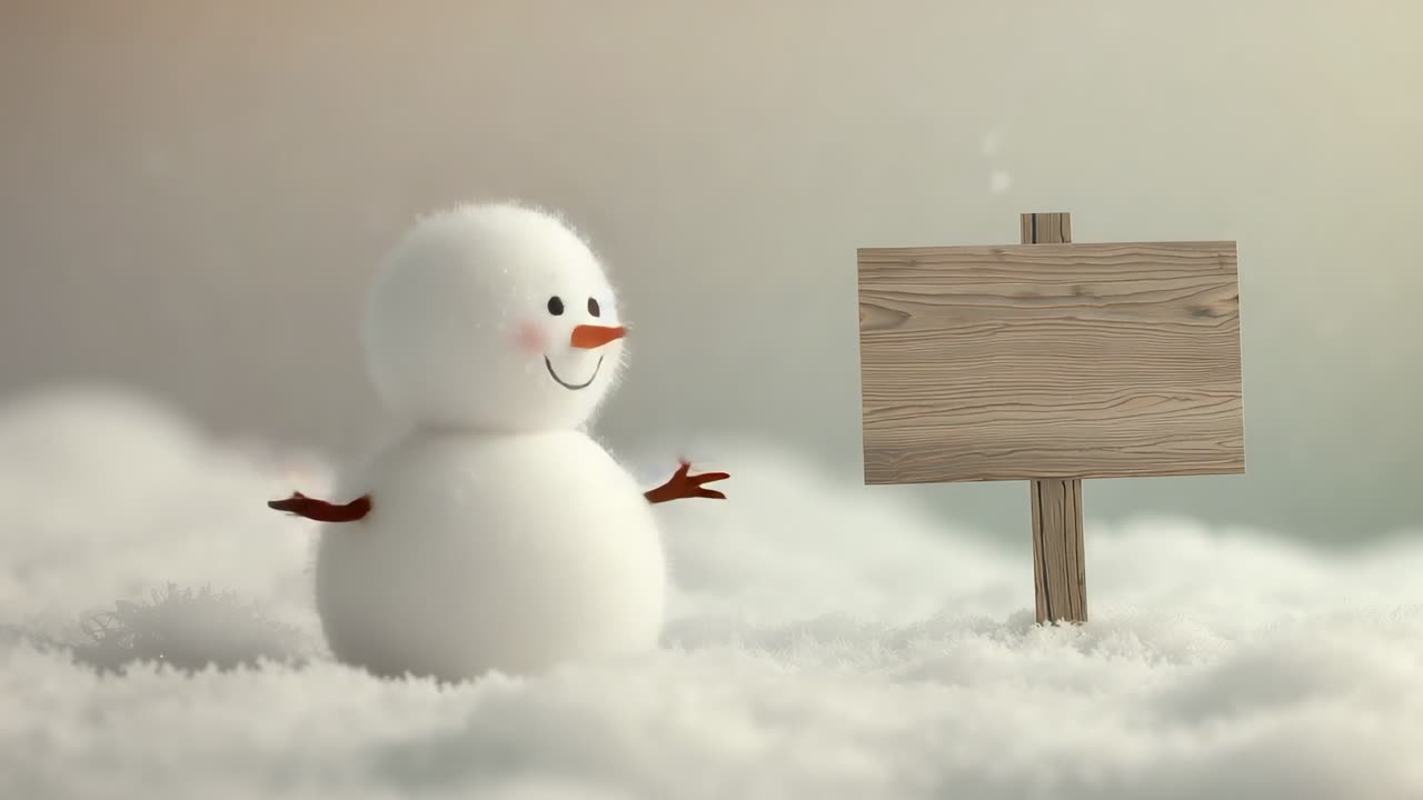 Snowman waving twig arms and gliding past wooden sign in snowy field, copy space