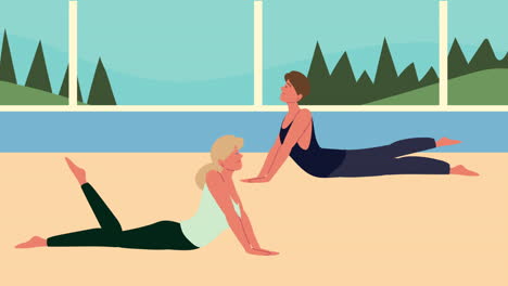 pareja de jóvenes practicando personajes de yoga