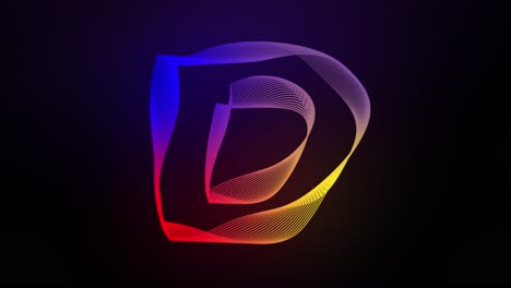 3d letra d líneas giratorias animación en fondo de gradiente oscuro abstracto gráfico de movimiento dinámico tipografía de brillo de partículas efecto visual arco iris alfabeto digital