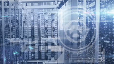 animation of scope scanning and data processing over tech room with computer servers