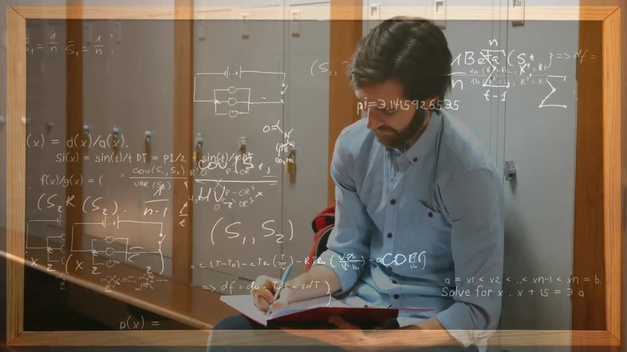 estudiante trabajando contra taquillas con cálculos en primer plano