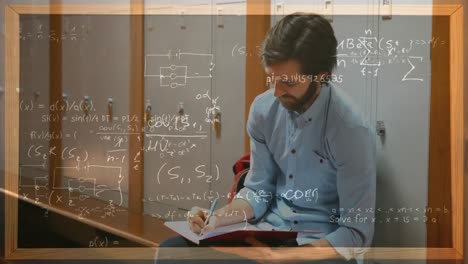 student working against lockers with calculations on the foreground