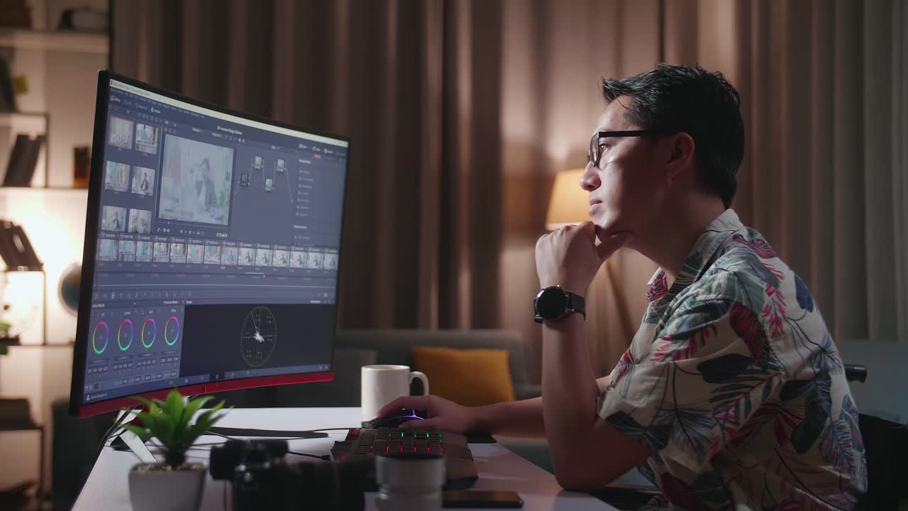 집에서 늦게 일하는 비디오 편집자