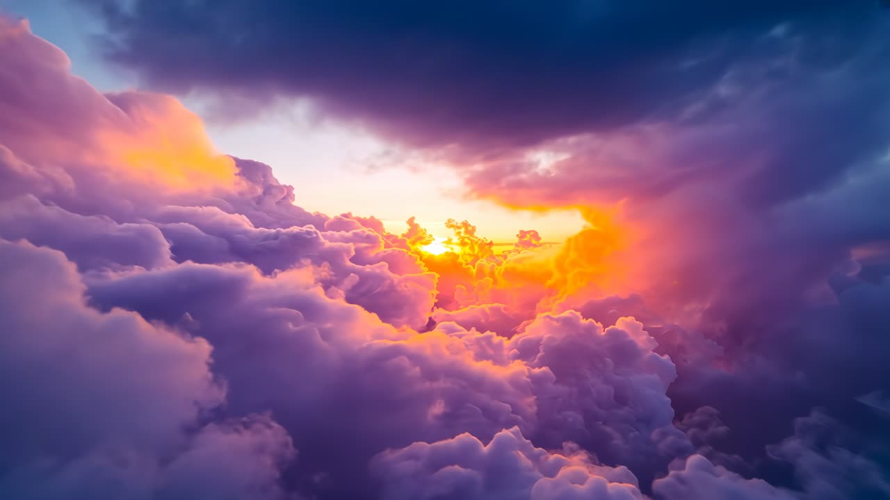 Advancing camera moving upward through cumulus above clouds revealing sunlit gap rim glow mist