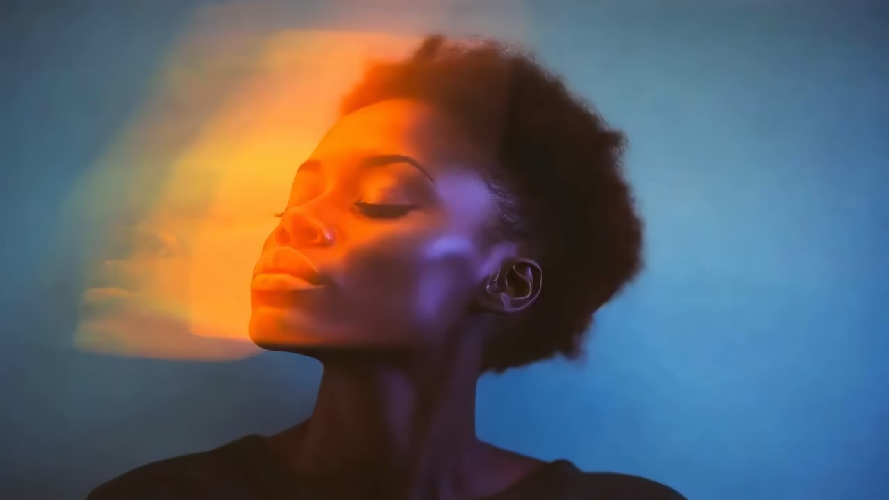 Artistic video concept with a side profile of a woman. Double exposure effect in vibrant colors