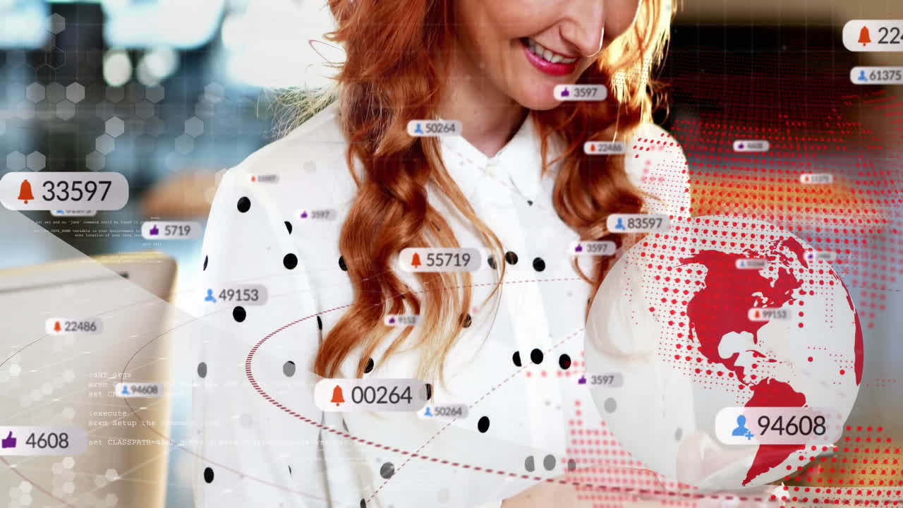 Interacting with digital notifications, woman viewing global connectivity animation graphics