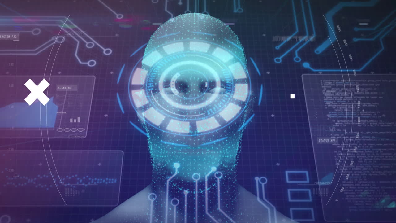 animación de la cabeza humana y procesamiento de datos científicos sobre un fondo azul.