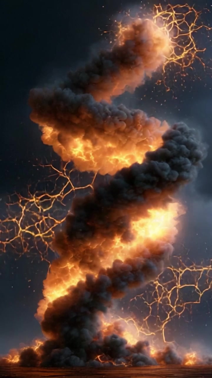 Uno spettacolo mozzafiato della furia della natura: una formazione esplosiva di nuvole infuocate e fulmini in un cielo oscurato, catturata con dettagli sorprendenti.