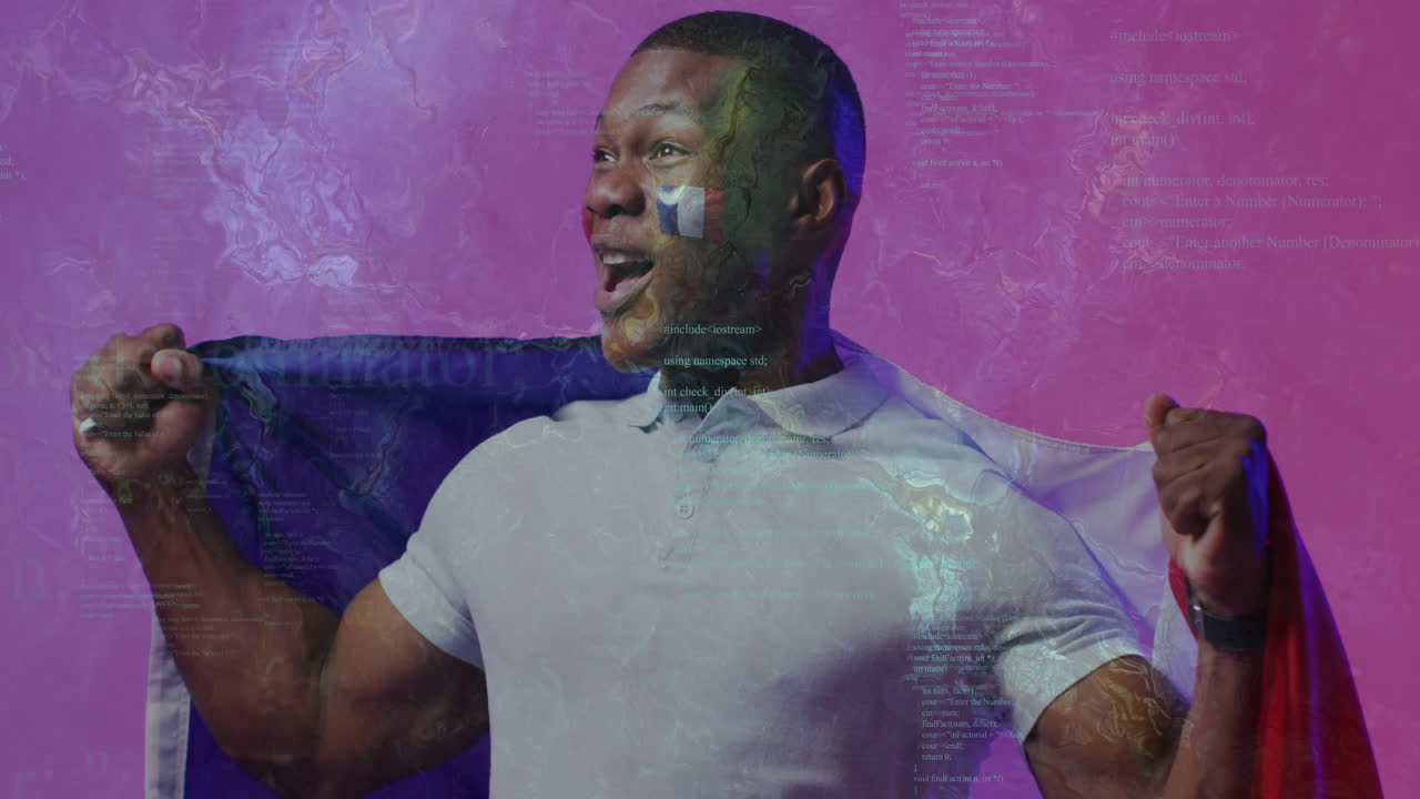 Holding flag with digital data animation, excited man on colorful background