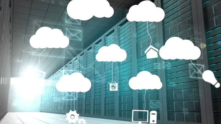 Animation of digital clouds with icons over computer servers