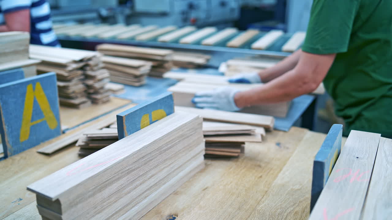 Woodworking factory. Production of parquet panels inside the furniture factory. Woman working on manufacturing of laminate boards.