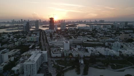 miami skyline at sunset downtown view from miami south beach aerial drone footage