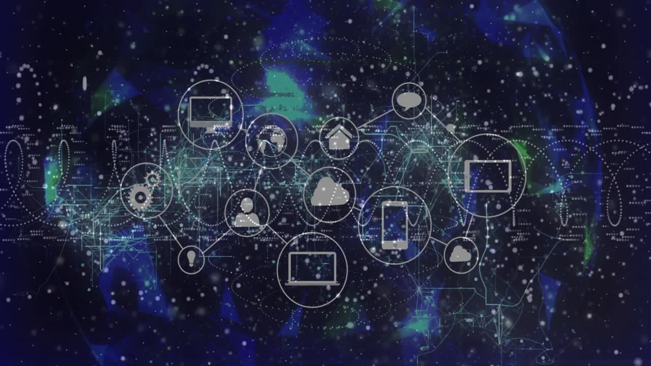 Cloud icon materializing on waveform, leading nine icons connecting into network over nebula