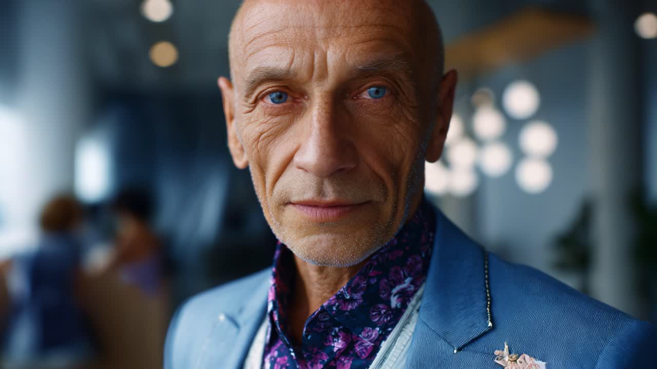 Elegante ritratto di un uomo sicuro di sé con penetranti occhi azzurri e una camicia a motivi floreali su un elegante sfondo di luci sfocate