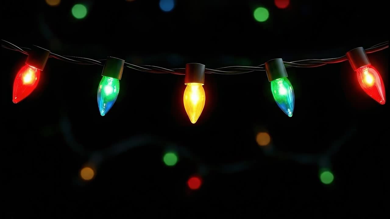 Close-up, eye-level shot of colorful Christmas lights glowing against a dark background