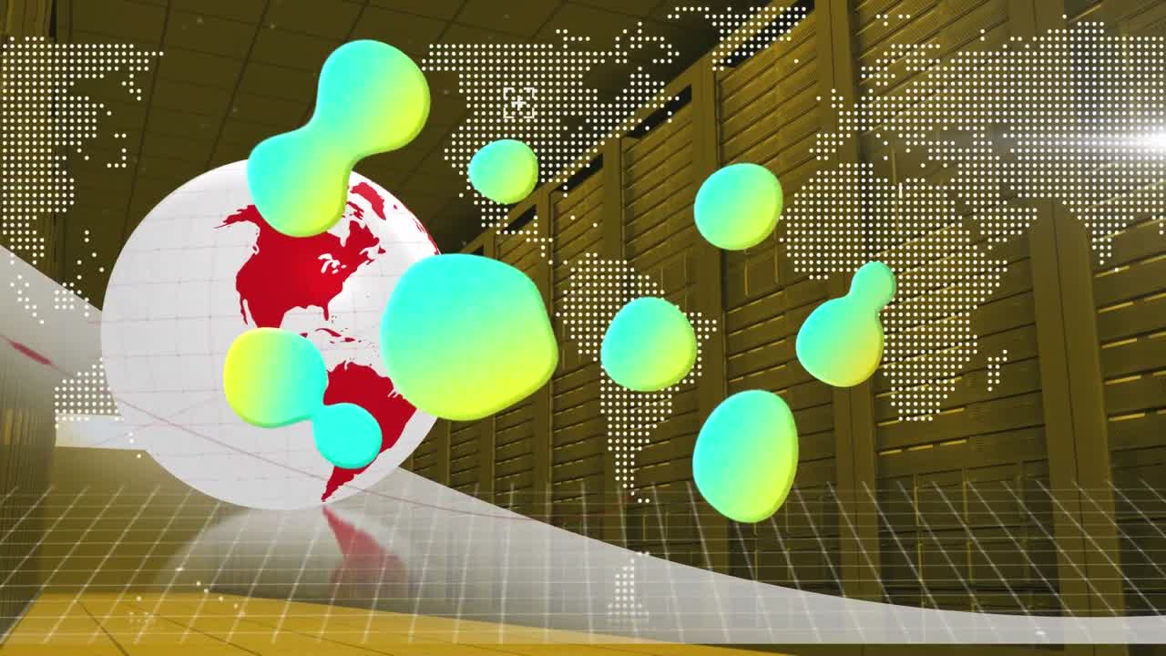 forma abstracta de gradiente sobre el globo giratorio y el mapa del mundo contra la sala del servidor de la computadora