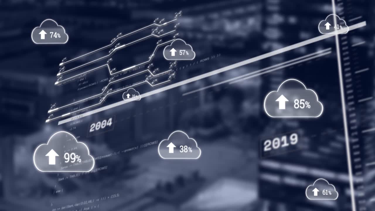 클라우드의 애니메이션과 업로드 및 흐릿한 해군 도시 풍경에 대한 데이터